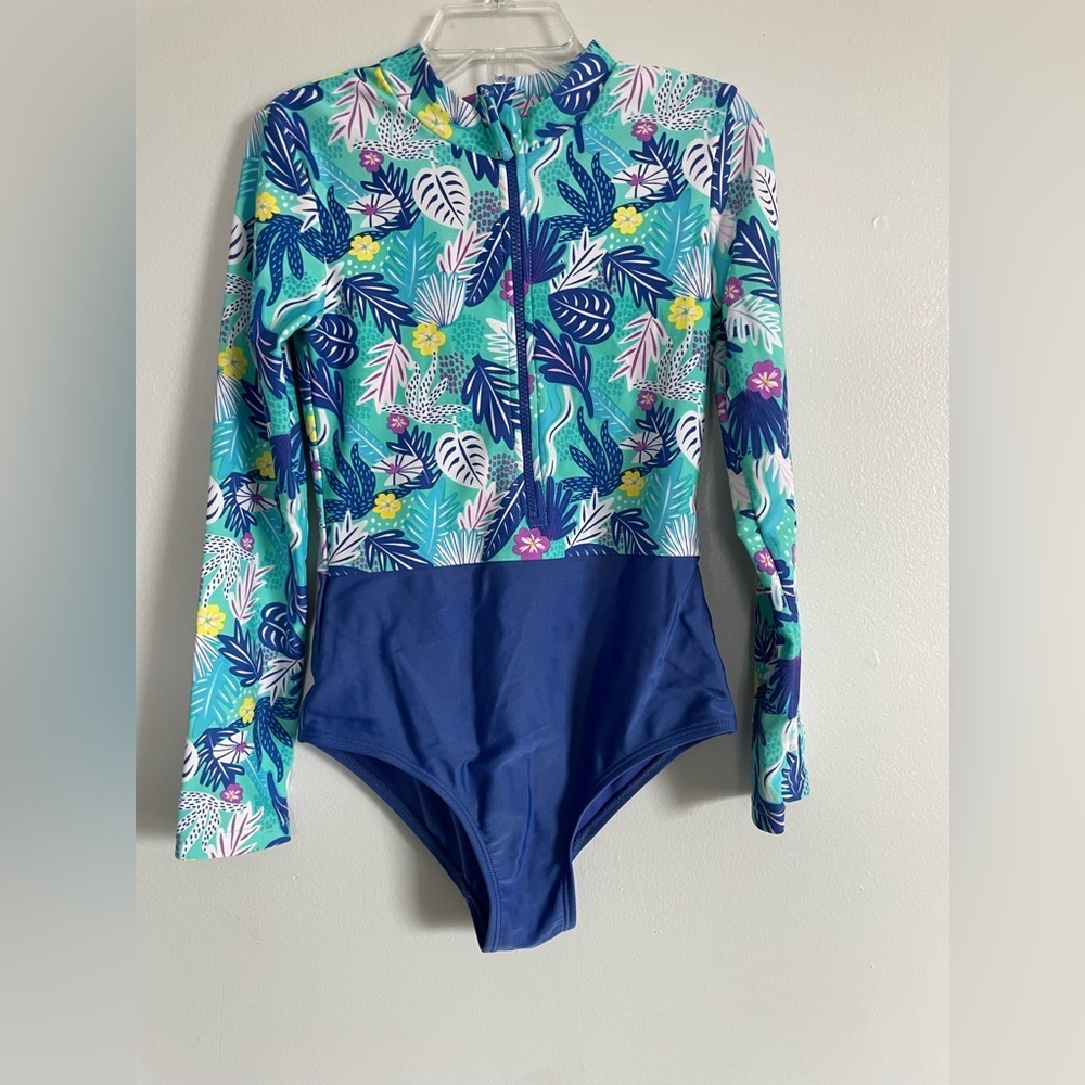 Tropical Print Kids Rashguard Swimsuit one piece long sleeve size 7/8 girls